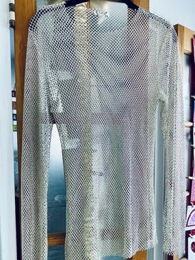 Filter finish Sheer Open Mesh Knit Top in Metallic Silver..
